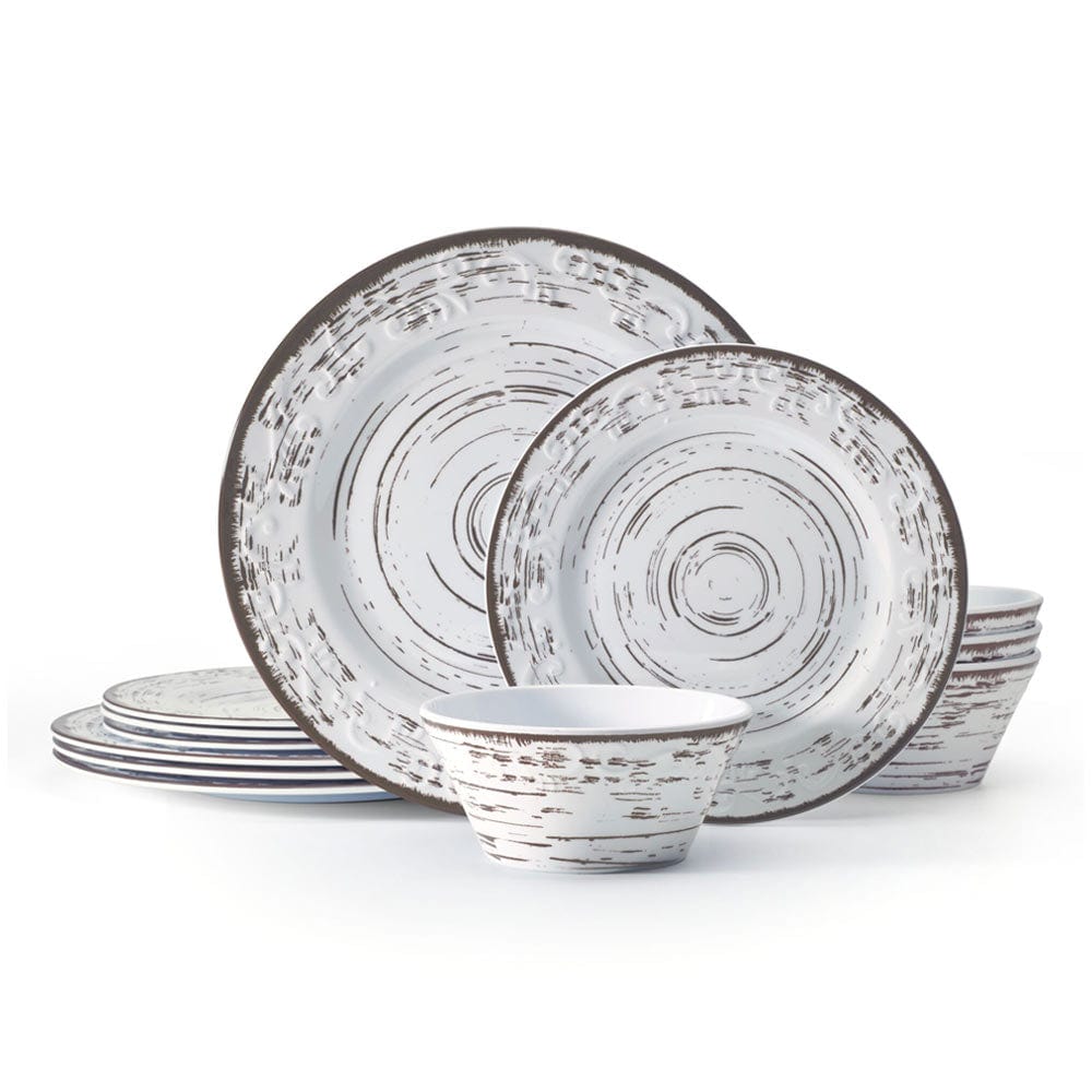 Trellis White 12 Piece Outdoor Melamine Dinnerware Set. Service for 4