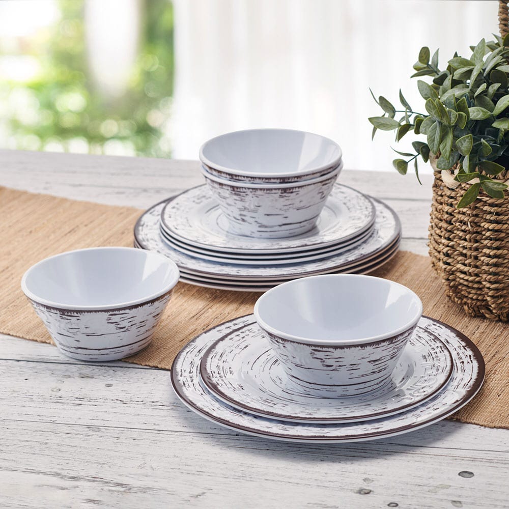 Trellis White 12 Piece Outdoor Melamine Dinnerware Set. Service for 4