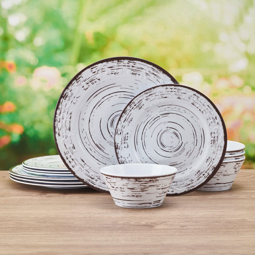 Trellis White 12 Piece Outdoor Melamine Dinnerware Set. Service for 4