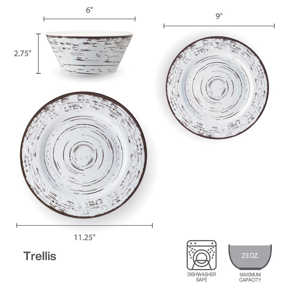 Trellis White 12 Piece Outdoor Melamine Dinnerware Set. Service for 4