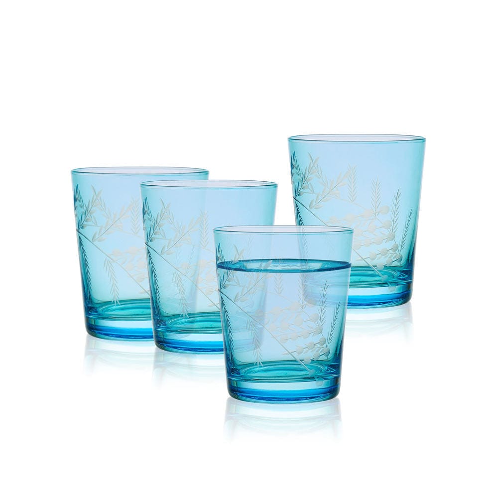 Fitz and Floyd Wildflower Double Old Fashioned Glasses Set of 4. Blue