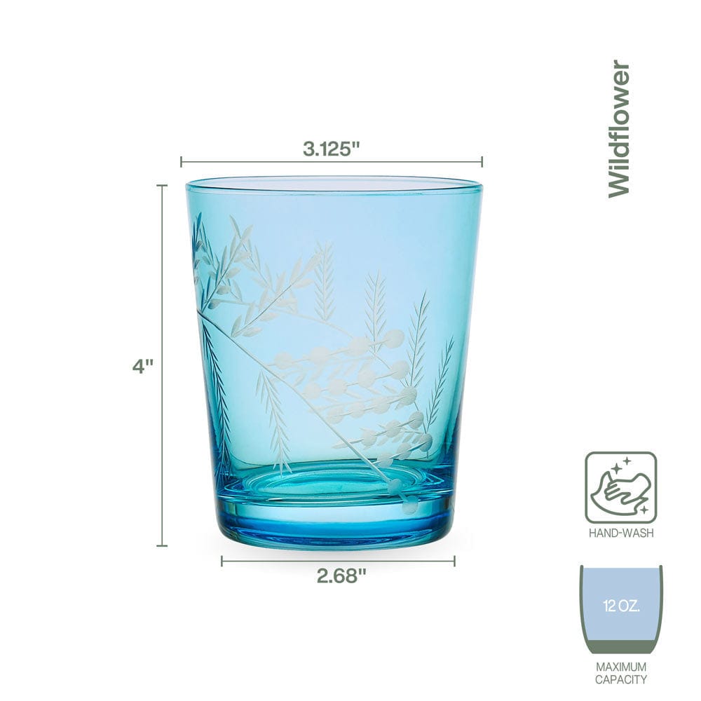 Fitz and Floyd Wildflower Double Old Fashioned Glasses Set of 4. Blue